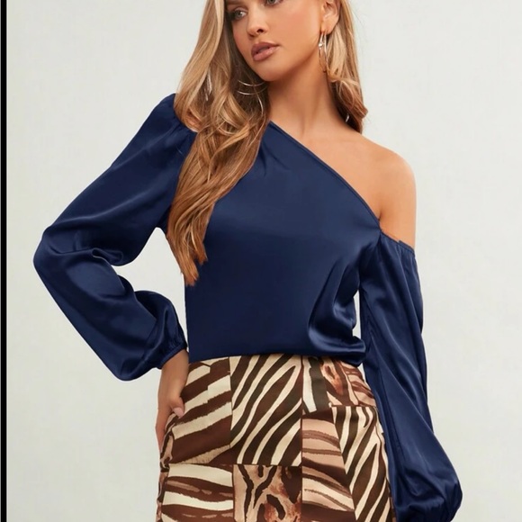 Luxe Satin Asymmetrical Neck Off One Shoulder Long Sleeve Satin Top Blouse - Picture 16 of 16